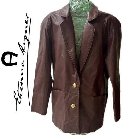 VTG ETIENNE AIGNER COAT BLAZER LEATHER MAROON SZ S OVERSIZED DARK ACADEMIA - Picture 1 of 16
